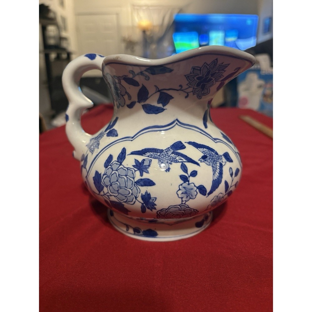 Vintage Andrea by Sadek Blue and White Ceramic Pitcher Birds & Floral 6" Jug